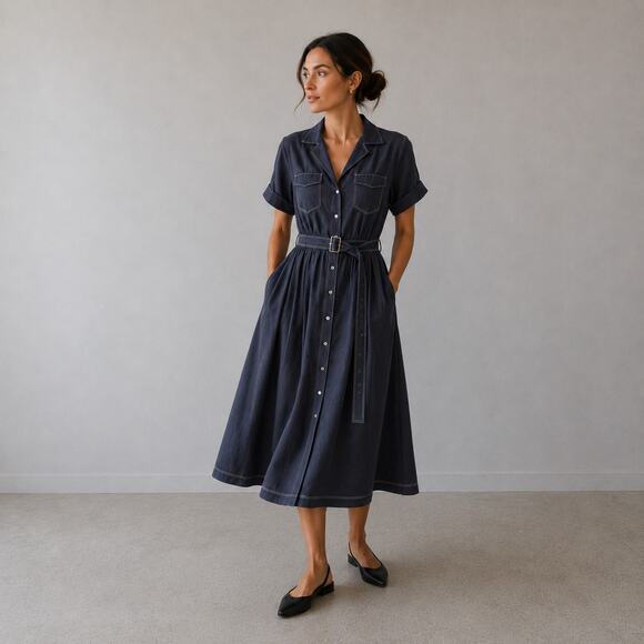 Elie Tahari Dresses & Skirts - Elie Tahari Shirt Midi Dress Womens 6 Navy Linen Blend Short Sleeve Belted